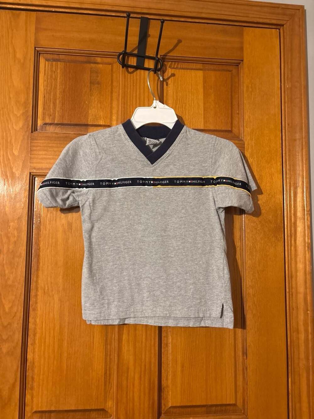 Tommy Hilfiger Boys Grey V-Neck Logo Tape T-Shirt Size 6